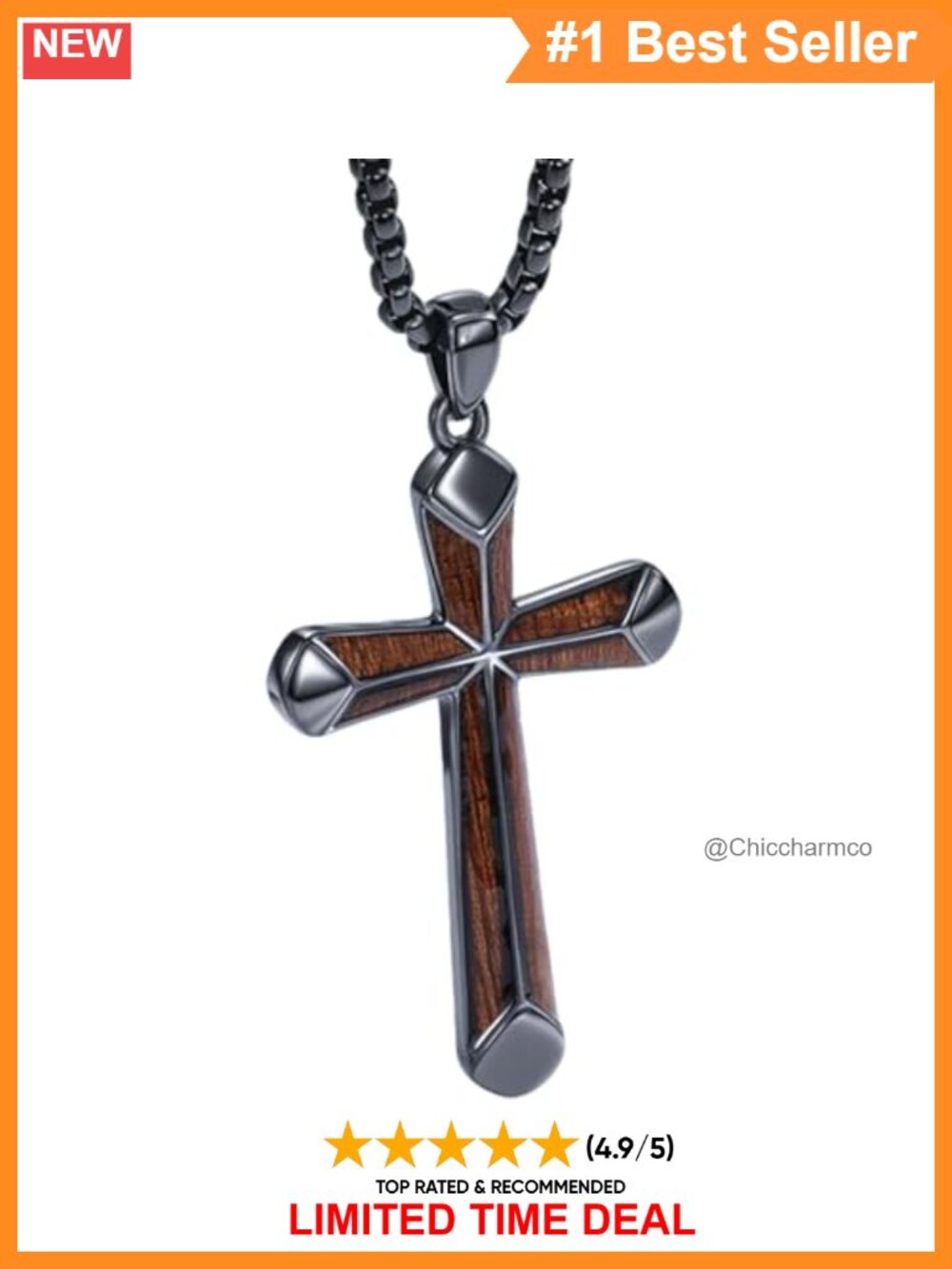 925 Sterling Silver Wooden Cross Necklace Men 22+2 Rolo Chain
